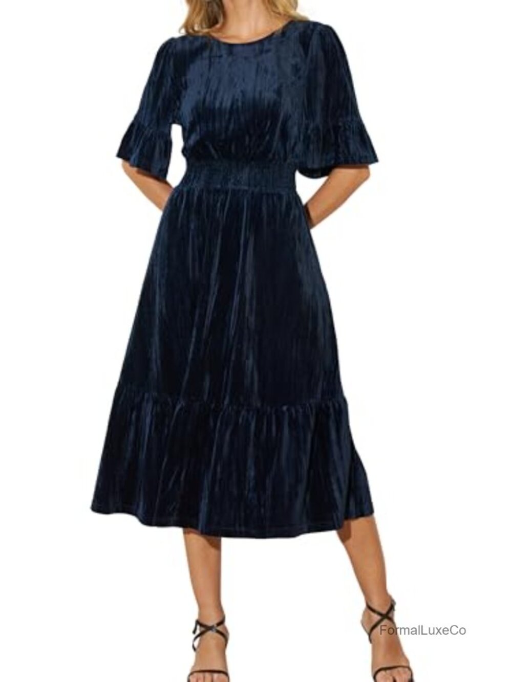 Women's Tiered Velvet Midi Dress Smocked High Waist with Pockets Cocktail Party